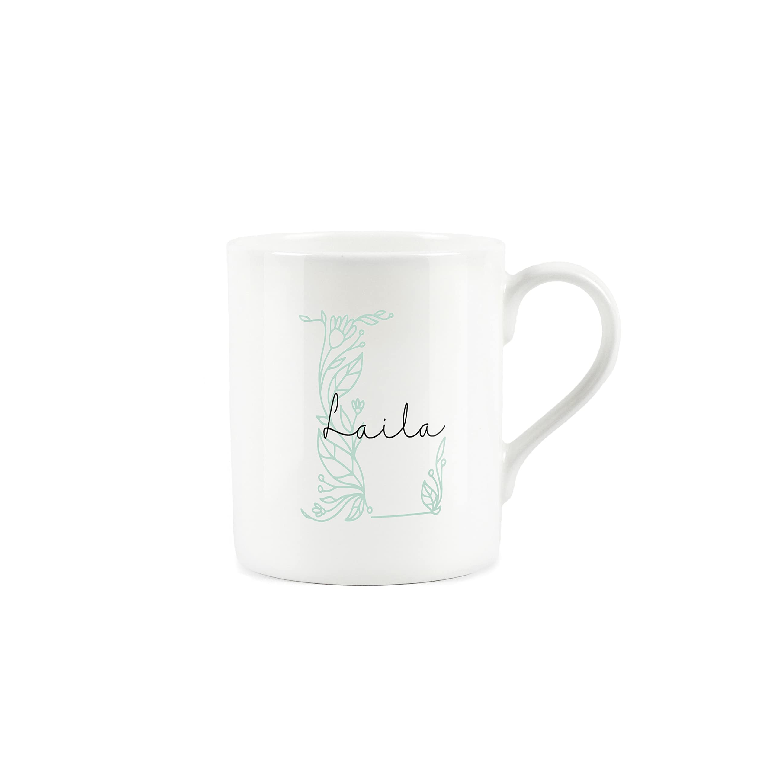 Personalised Mug, Custom Birthday Gift Mug, Name Bone China Mug, Floral Green Letter L Mug - Small Coffee Tea Mug Present Personalised Initial Gift