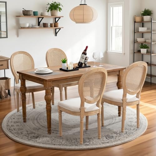 VICBARLEY French Country Dining Chairs Set of 4,Upholstered Chairs with Rattan Round Back,Solid Wood Legs,for Living Room, Kitchen, Restaurant,Beige