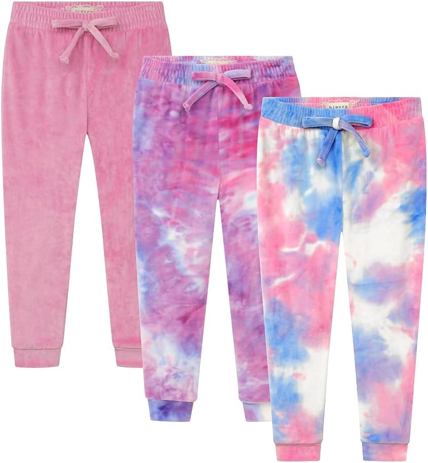 BTween Girls 3 Pack Velour Jogger Pant Set Solid, Tie Dye or Camo Sweatpants for Girls