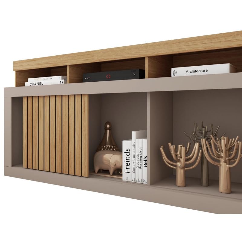 Meuble TV 55 Pouces Chêne et Gris 1 Porte 6 roulettes L 136 H 74 P 39 cm