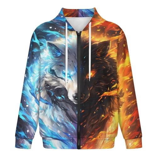 PUNUVOMY Unisex Novelty Hoodies For Men 3D Wolf Print Zip up Hoodie Long Sleeve Pullover Sweatshirts,Ice Fire Wolf,XL
