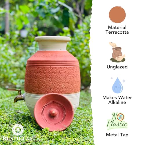 Image of 6L Earthen Clay Water Pot with Lid & Stainless Steel Tap | Dual Color | Natural Alkaline Water Dispenser | Handmade Mud Water Pot | Eco-Friendly & Traditional
