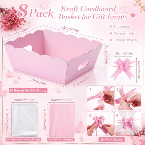Image of Fuyoooo 8 Pack Pink Basket for Gifts Empty to Fill, 10 inch x 8 inch Thick Sturdy Kraft Scalloped Edge Gift Basket with Handle, 8 Wrap Bag 8 Bow 16 Tissue Paper for Christmas Wedding Birthday Wrapping Gift