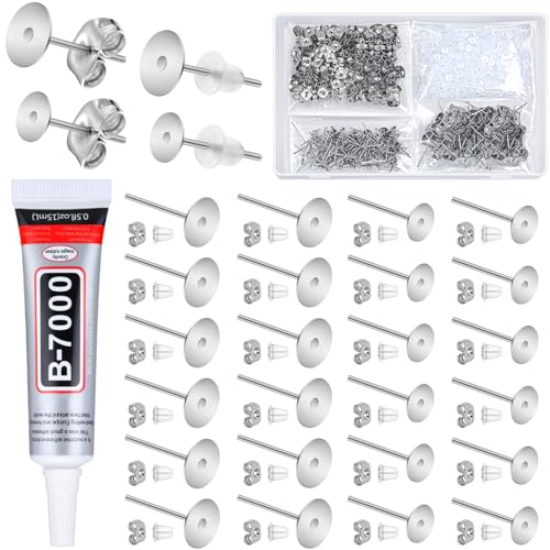 Jewelry Glue with Earring Posts, 1002Pcs Variety Sizes Hypoallergenic Earring Posts with Stainless Steel Earring Backs for Jewelry Making Polymer Clay Earrings