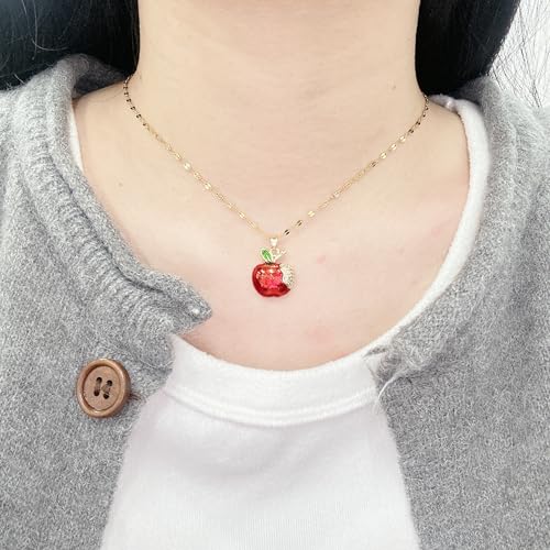 Cute Red Enamel Apple Fruit Pendant Necklace for Women Rhinestone CZ Food Charm Green Leaves Dainty Choker Link Chain Adjustable Lovely Teacher Graduation Fashion Jewelry for Mom Wife Daughter2