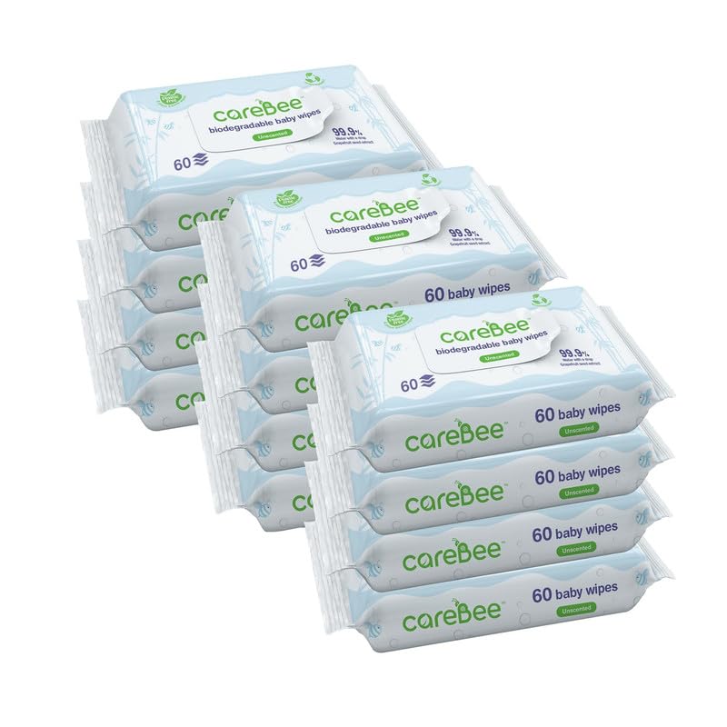 99.9% Water Baby Wipes | Biodegradable, Plant-Based & Plastic-Free | Hypoallergenic, Unscented, Extra Gentle for Sensitive Newborn Skin | 60 wipes per Pack (12, White)
