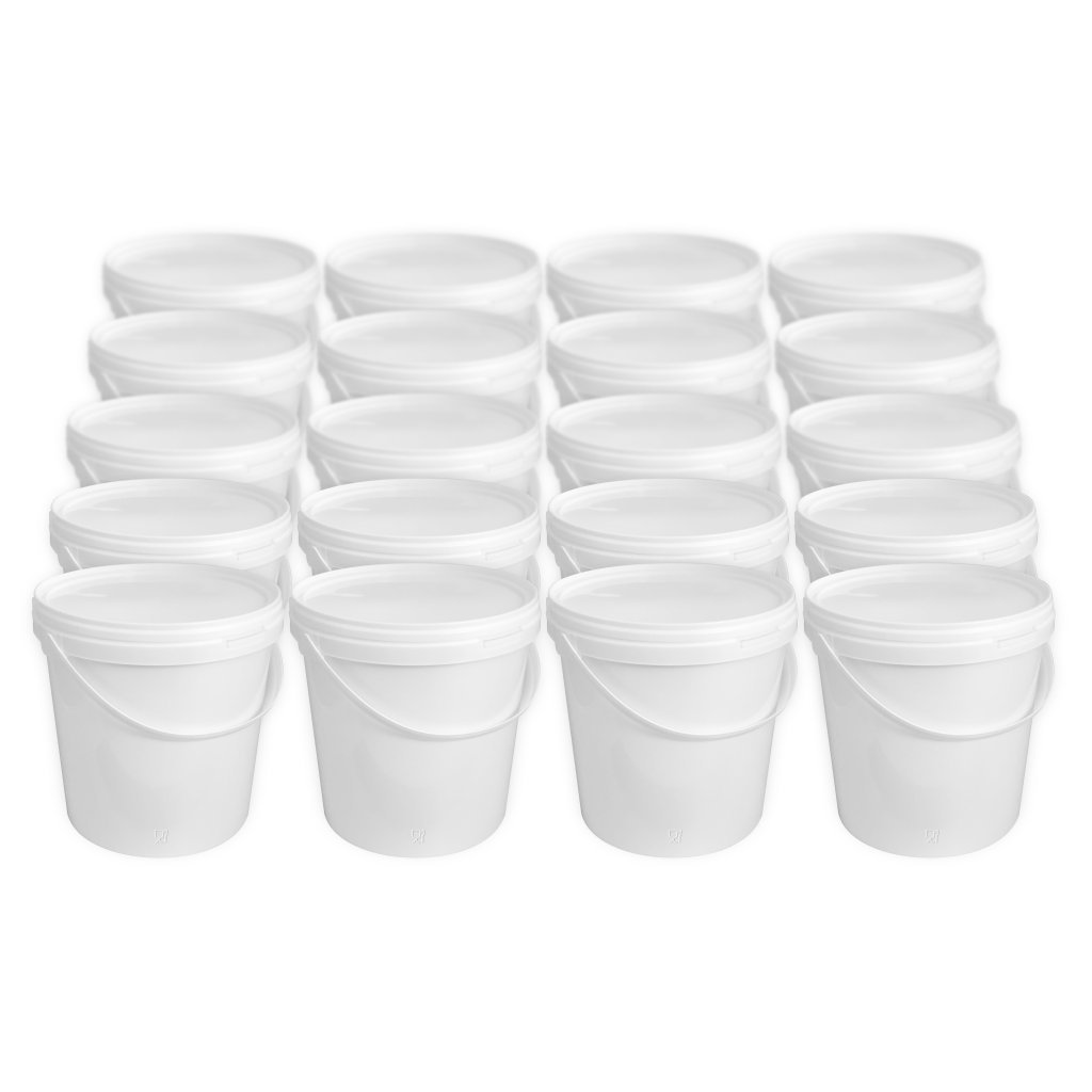 Seau de 10 litres avec couvercle, blanc, empilable, avec distributeur d'aliments, Lot de 20