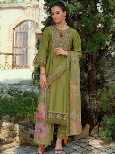 Image of INDO ERA Women's A-Line Cotton Blend Floral Embroidered Kurta & Pant With Dupatta Set (IEOUT11375)