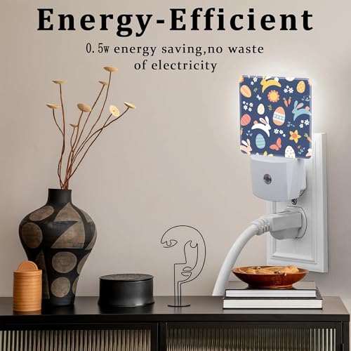 Image of Easter Bunnies and Eggs Night Light, Colorful Rabbits and Flowers Dusk to Dawn Night Light Plug in,0.5w Energy Saving Sleep Friendly NightLight for Kids Boys Girls Home Decor