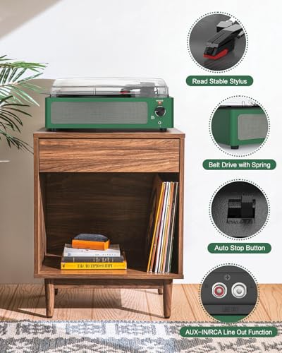 Image of Vinyl Record Player with Speakers & Wireless Receiver Turntable for Vinyl Records 3 Speed 3 Size LP Player Portable Turn Table Vinyls Records Players Headphone AUX RCA Auto Stop New Sleek Dark Green