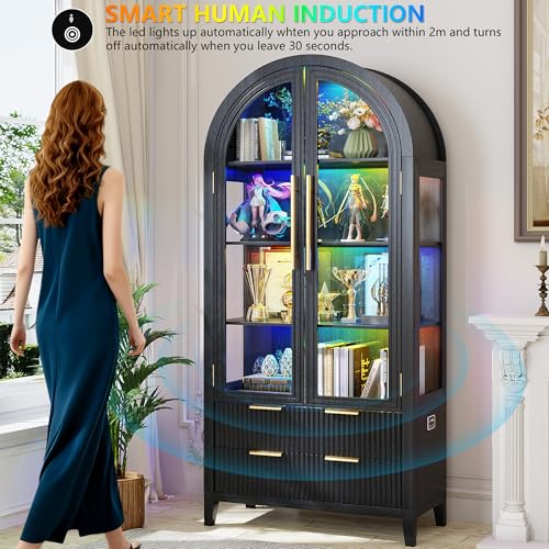 Image of LVSOMT 71 inch Arched Display Cabinet with Glass Doors and RGB Lights, Black