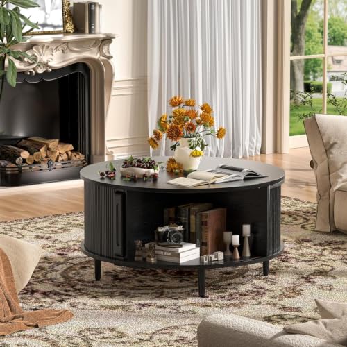 Image of Round Coffee Table, 31.5 inch Fluted Center Table with Storage, Lift-Top Coffee Table with Adjustable Footpads, Sliding Door, Mid-Century Modern Center Table for Living Room, Small Space (Black)