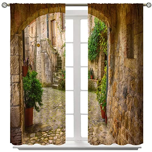 Scenery Kitchen Italian Curtains, Landscape From Door Antique Style Stone Village Tuscany Italian Valley, Blackout Rod Pocket Window Drapes 2 Panel Set For Kitchen Cafe Decor 42X63In #TOP7