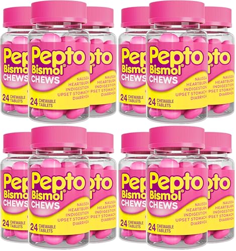 Image of Pepto Bismol Chews, Upset Stomach, Nausea, Heartburn, Indigestion Relief, Anti Diarrhea Medication for Adults - 5 Symptom Fast Relief, 72 Chewable Tablets 24 Count (Pack of 12)