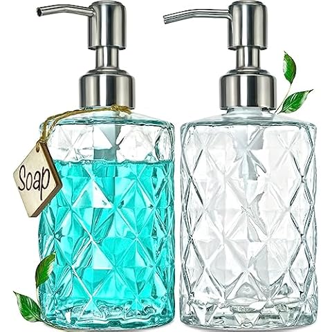 JASAI 2Pack Diamond Embossed Glass Soap Dispenser with 304 Rustproof Stainless Steel Pump, 12 OZ Bathroom Soap Dispenser with A Wooden Tag, Elegant Hand Soap Dispenser for Bathroom & Kitchen Cover