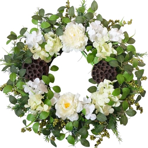 Egolot 24 Inch Spring Hydrangea Flower Wreath for Front Door, Spring Summer Penoy Lotus Pod Wreath Indoor Outdoor, Rustic Farmhouse Everyday Floral Wreaths