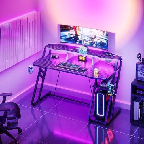 MOTPK Gaming Desk with Power Outlet & LED Lights, Computer Desk 48 Inch with PC Storage Shelf, Gaming Table with Carbon Fiber Texture, Gamer Desk, Gift for Boys Men, Black - Image 5