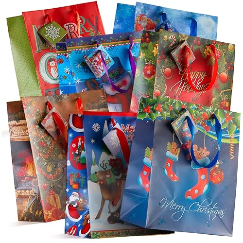 PREXTEX 12 Pack Assorted 13 Inch Christmas Gift Bags Bulk - Large Christmas Paper Gift Bags with Tags in Assorted Bright Prints for Party Favors and Holiday Gifts - 10 x 13 x 6 Inches