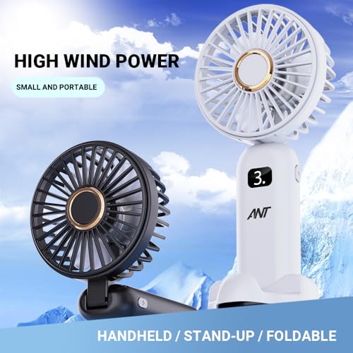 Image of Ant Turbo10 Mini Portable Handheld Fan Quite Powerful Built in Rechargeable Battery-operated Fan with Mobile Holder Digital Display 3 Speeds 90Adjustable Personal Small Hand Fan Travel Makeup Black