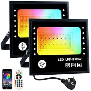 BOSITE 2 Pièces Projecteur LED RGB Exterieur,60W Projecteur LED Couleur,6000LM, Lumière blanche 6500k,IP66 étanche,DIY 16 million couleurs