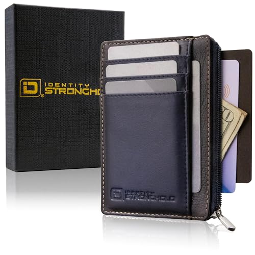 Image of ID Stronghold RFID Blocking Front Pocket Wallet - Slim Minimalist Genuine Leather Wallet with Zipper Coin Pocket (Blue)