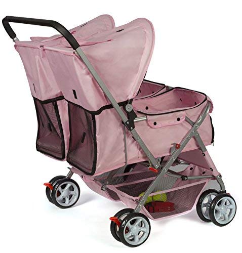 Double Dog Stroller - Pet Strollers for Small Medium Dogs Cats Two Doggy Puppy or 2 Kitty Cat Carriage Buggy - Fold-able Animal Pets Doggie Cart Carriages, Pink
