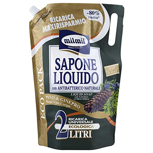 milmil Flüssigseife Kiefer und Winepro Nachfüllpackung 2000 ml Maxi-Format, Formel mit natürlicher antibakterieller Formel, Handseife, Gesicht und Körper, pH-Wert, dermatologisch getestet