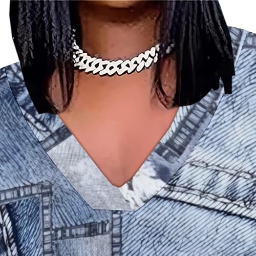 Image of SUZONANA Plus Size Denim Print Dresses for Women V Neck Short Sleeve Maxi Dress with Pockets Soft Jean Look Summer T Shirt Dress Western Casual Outfits 2XL