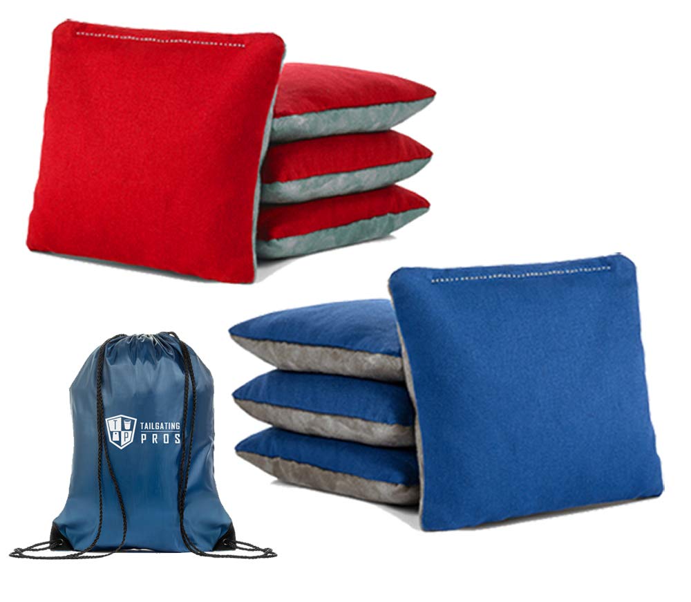 Tailgating Pros Pro-Style Two-Sided Cornhole Bags Red Royal Blue w/Grey Suede & Bag Tote - Slick & Stick - All Weather - Set of 8