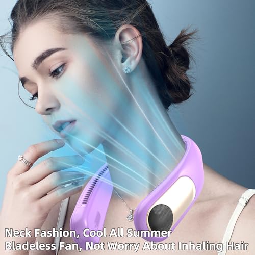 Image of Portable Neck Fan, Personal Wearable Bladeless Fan for Outdoor Indoor, LED Display, 360 Cooling, 4-Speeds, 6000mAh USB Rechargeable, Birthday Gifts for Men Women Dad Mom (Purple)
