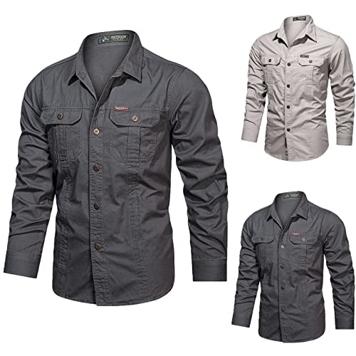 Tactical Shirts for Men Military Long Sleeve Button Down Work Shirt with 2 Pockets Slim Fit Western Outdoor Tops 2025 Ropa para Hombre(Beige, XXL)