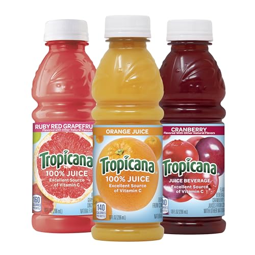 Image of Tropicana 100% Juice Variety Pack - Orange, Cranberry, Ruby Red Grapefruit, Single Serve, 10 Fl Oz Bottles (Pack of 24) - Vitamin C Rich, No Added Sugars, No Artificial Flavors