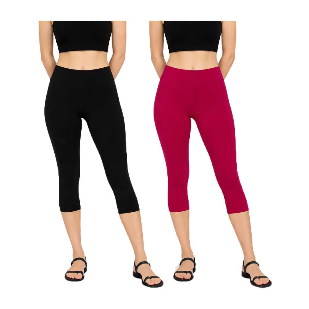 brand flex Womens Casual Bottom Wear Stretchable Cotton Blend Plain 3/4th Capri Pants for Women Black, Pink 2Pack-picture-22