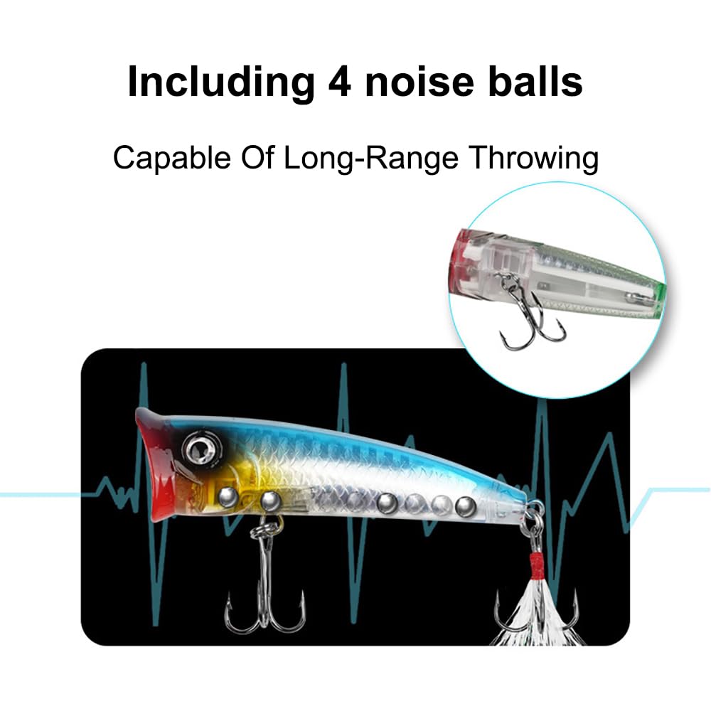 Popper - Señuelos de pesca para agua superior, cebos duros con ojos 3D, cebo de natación con gancho agudos para lubina, trucha, agua dulce, agua salada