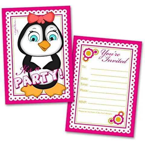 Leigha Marina Girl Penguin Party Invitation Cards for Kids, 20 Invites & 20 Envelopes - Fill in the Blank Greeting Notes - Multi-Use, Birthday, Themed Celebration Cover