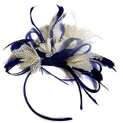 Navy Blue and Cream Feather Hair Fascinator Headband Wedding and Royal Ascot Races Ladies Cover