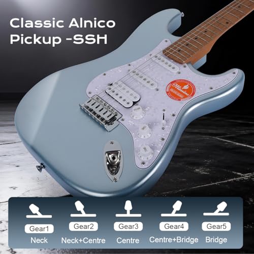 Image of Electric Guitar Beginner Kit -39in Solid Body Metal Electric Beginner Guitar Kits for Adults with Guitar Picks, Strap, Strings, Amp, Case, Metallic Finish, Guitarra Electrica M100S (Blue)
