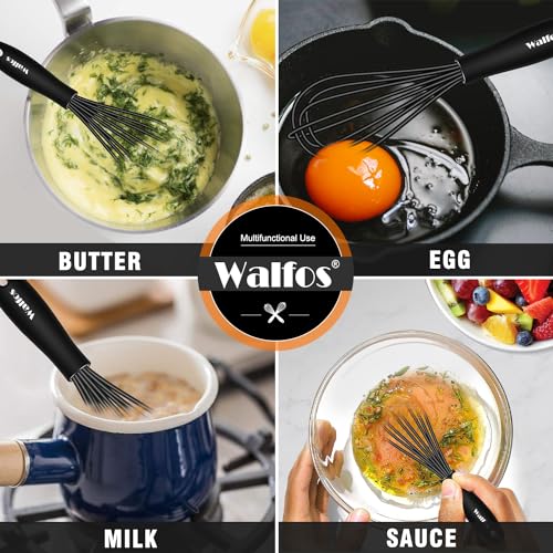 Image of Walfos Whisk 5+7in Mini Whisk,Silicone Whisks Non Scratch Heat Resistant (480F). Nice for stirring individual eggs and mixing small amounts of powder and sauce.Dishwasher Safe.Black