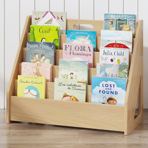 Image of Front-Facing Montessori Bookshelf,5 Tier Book Display Shelf for Toddler,Kids Storage Magazine Rack,Solid Wood Bookcase Organizer,Perfect for Playroom,Bedroom,Study Living Room,Nursery,Classroom