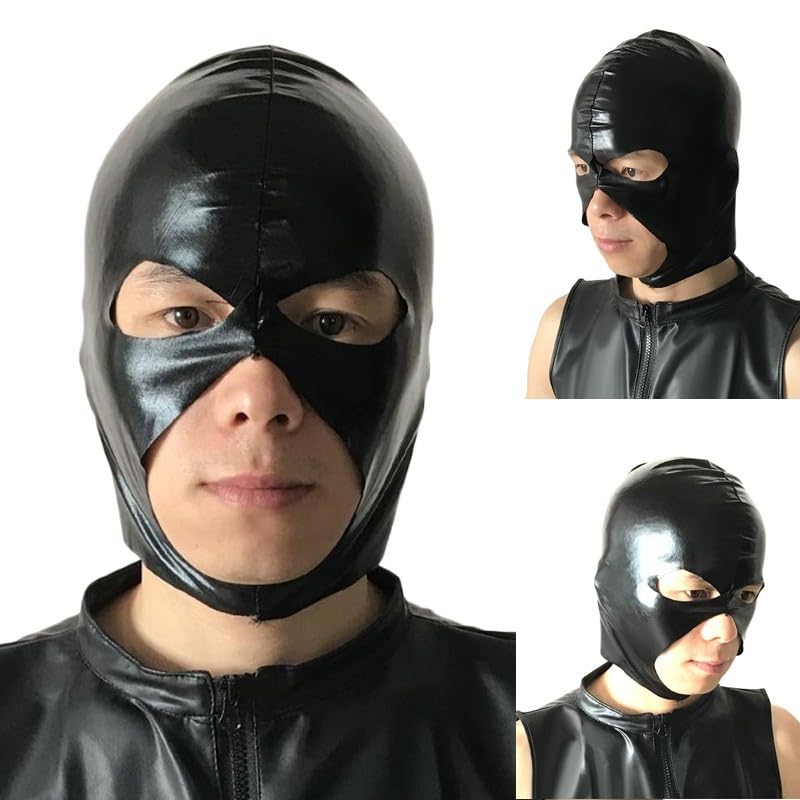 Wet Look PVC Spandex Full Head Hood Mask Black 3 Holes Eye Mouth Opening for Halloween Carnival Party Cosplay Costume Adult Men Women(Black)