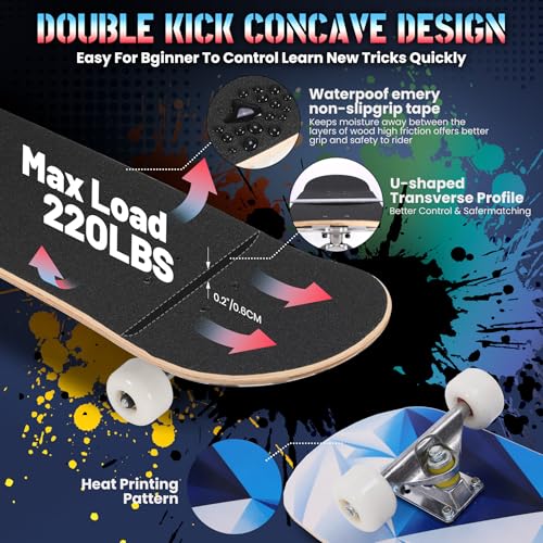 Image of Pro Complete Skateboards for Beginners Girls Boys Kids Youths Teens Adults 31 inchx8 inch Skate Boards 7 Layers Canadian Maple Double Kick Deck Concave Longboard