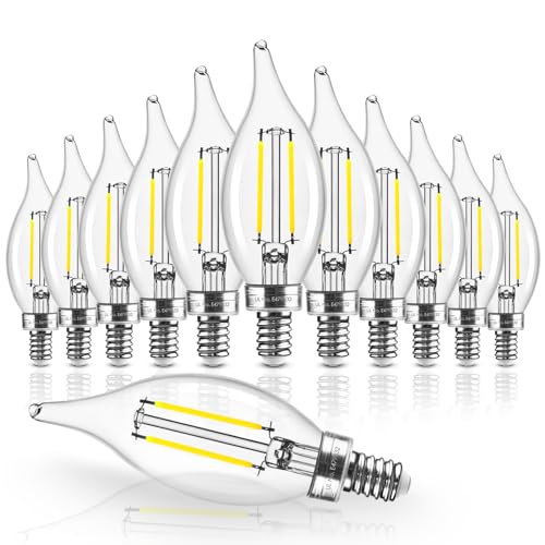 Hizashi E12 Candelabra Bulb 60 watt Equivalent, 5000K Daylight White, Dimmable E12 LED Bulb, 90+ CRI 6W 550LM, Chandelier Light Bulbs CA11 Flame Tip Candle, UL Listed, 12 Pack 60w 5000k 12 C