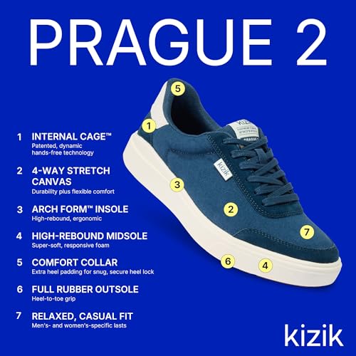 Kizik Slip On Sneakers: Prague 2 - Court Style, 4-Way Stretch Canvas with Suede Details, Casual Shoes for Men, Hands Free Convenience - Mens Regular Width3