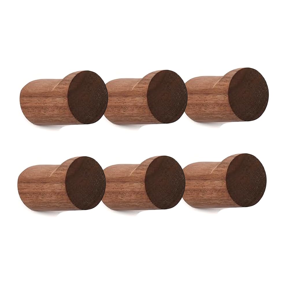 Wood Wall Hooks 6 Pack Natural Wooden Coat Hooks Handmade Rustic Hat Hooks Heavy Duty Entryway Wall Hangers for Hanging Towels, Clothes Bag (Walnut
