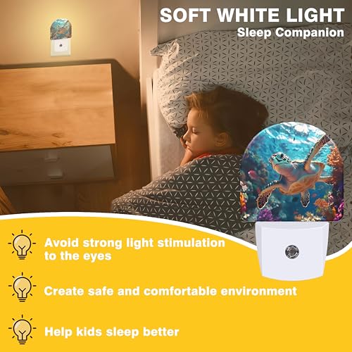 Image of Night Lights Plug into Wall Sea Turtle Swimming in Ocean Night Light Dusk to Dawn Smart Sensor Decorative Round Led Lamp for Bedroom Kitchen Hallway Nightlight for Women Men