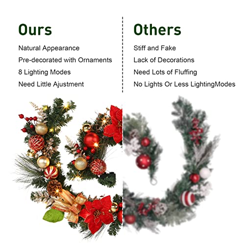 Adeeing 6FT Christmas Garland with Lights, Xmas Battery Operated Artificial Rattan with Classic Red Gold Decorations, Xmas Garland for Home Indoor Fireplace Mantle Outdoor Decor, Red