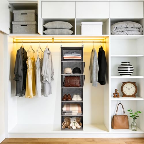 Aurinovellia Kleiderschrank Organizer Hängend, 6 Fächer Schrank Hängeorganizer, Hängeaufbewahrung mit PP-Platten und Bambus-Stock Verstärkt, für Kleiderschränke, Schlafzimmer 30×30×120 cm Grau