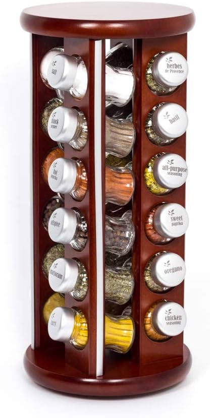 Revolving, Rotating Spice rack set, 24 glass spice jar holder filled with herbes and spices, wooden kitchen storage rack, 24 GALD brown satin