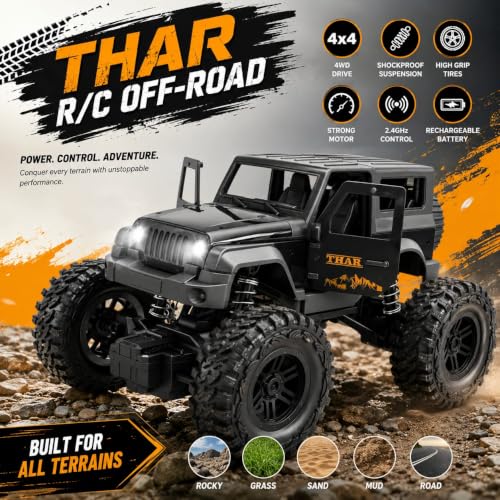 Image of Remote Control Off Road Rock Climbing Thar Car for Kids | 75+ Ft Range, Rechargeable USB-C, Mist Smoke Effect, LED Lights, Shock Absorbers, 2WD RC Jeep Toy Car for Kids (Color as Per Stock)