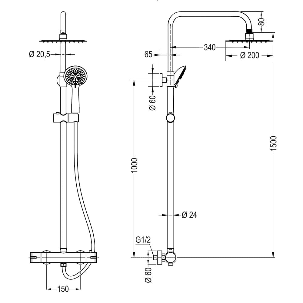 Columna de ducha termostática extralarga ROU Round, con tubo extensible de 100 a 150 cm. Rociador extraplano de 20cm y ducha de mano de hidromasaje redondos. Recambios garantizados